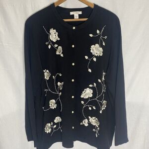 DRESSBARN Embroidered Cardigan Sweater Beaded Floral Button Womens 18 20 Black